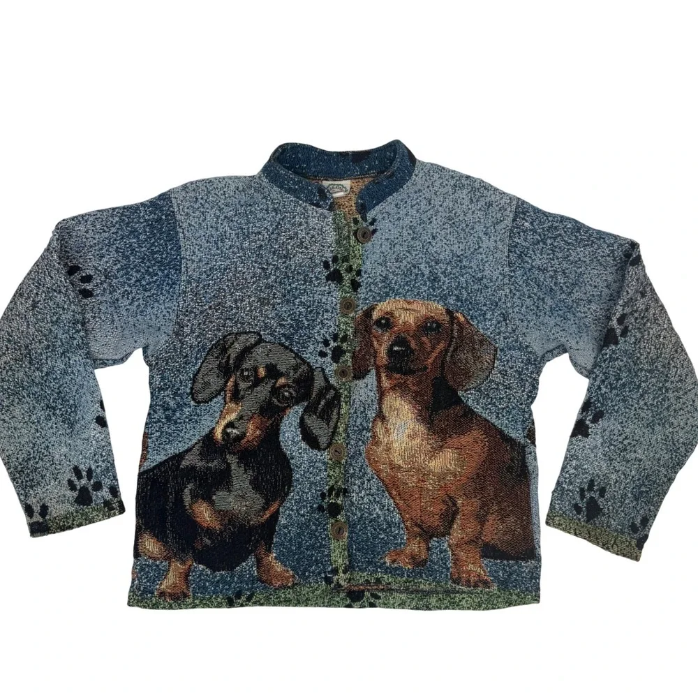 Vintage Cardigan Dachshund Weiner Dog Sweater Sugar Street Weavers Button Medium - Picture 1 of 12